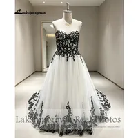 Lakshmigown Gaun Pengantin Hitam Putih Cantik Gaun Pengantin Panjang Tanpa Lengan Sweetheart Applique Renda Foto Asli