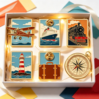 Ensemble de broches vintage en émail sur le thème du voyage : avion, bateau de croisière, train, phare, valise, boussole – Broches métalliques pour revers, sacs à dos et vêtements