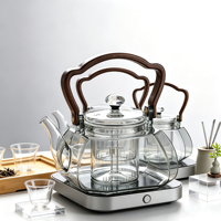 Bouilloire à thé en verre borosilicate transparent avec poignée en bois, infuseur amovible, bec verseur résistant à la chaleur, couvercle, pot de préparation de thé pour la maison