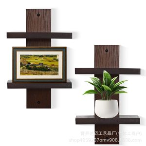 Wooden Double Layer Wall Mounted <b>Shelf</b> Brown Rectangle Floating Storage <b>Rack</b> For Home Decoration Living Room Bookshelf Plant - Product Image 1