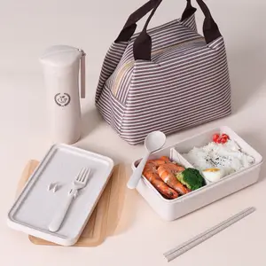 Boîte à déjeuner de ml avec bouteille à boisson, paille de blé, en plastique, Bento étanche pour enfants, avec kit de rangement + boîtes + sac