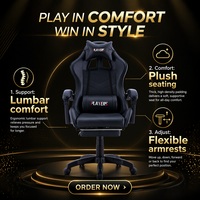 Chaise de jeu pivotante en cuir noir de style moderne avec hauteur réglable, vérin à gaz à 2 niveaux et base en nylon