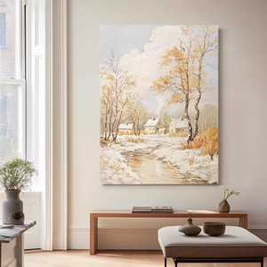 Pintura al óleo de sol cálido y primera nieve, 120x160cm, estilo impresionista, pintado a mano, arte moderno para pared de sala de estar - Product Image 4