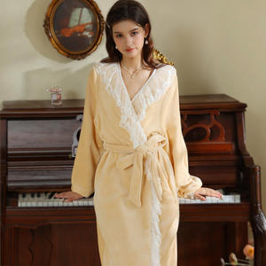 Jubah mandi wanita lengan panjang, jubah mandi wanita musim dingin, renda kerut, Gaun rias wanita, leher V, Kimono bulu untuk wanita - Product Image 1