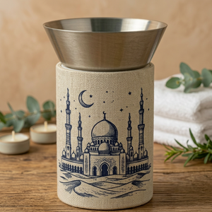 Brûleur d'encens cylindrique avec couvercle en lin, design mosquée bleue, bol en acier inoxydable, fait main, usage religieux - Product Image 5