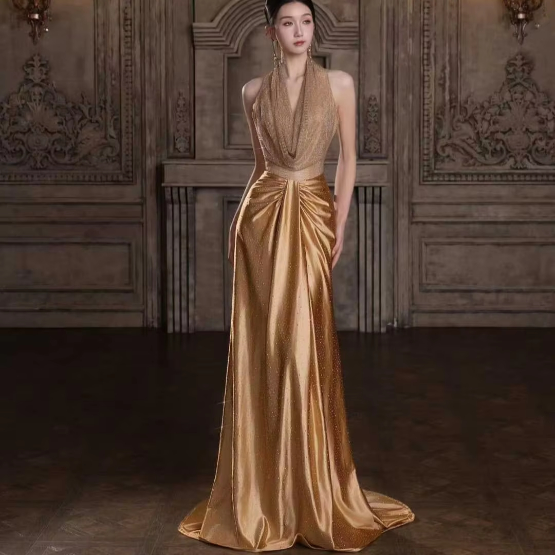 Shop Online Gold Halter Prom Dresses Customizable Short Sleeves |  Alibaba.com