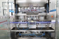 Ligne complète de remplissage, bouchage, étiquetage et emballage sous film rétractable pour liquides visqueux (huiles et détergents) avec remplisseuse à piston linéaire