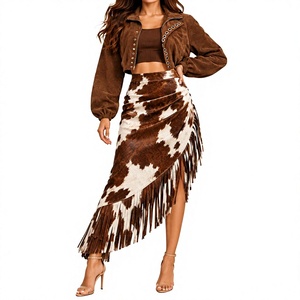 Women’s High Waist <b>Cow</b> <b>Print</b> Asymmetric Layered <b>Skirt</b> With Adjustable Tie Belt Western Fashion Style - Product Image 1