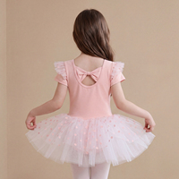 Maillot de Ballet para Niñas Pequeñas con Falda Tutú, Volantes, Manga Corta, Lazo Trasero y Tul de Puntos para Actuaciones de Danza