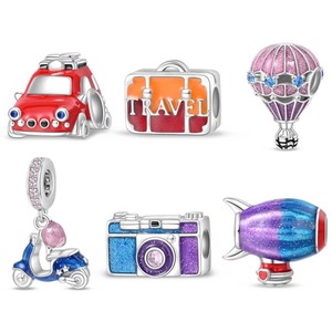 Venta al por mayor de fábrica: Abalorios DIY de plata 925 con diseños de globo aerostático, carrito pequeño, cámara y serie de viaje, para pulseras y joyería de moda - Product Image 1