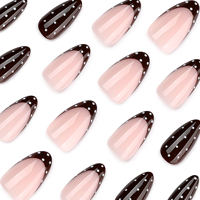 Kuku Palsu French Press Warna Cokelat Nude Almond Polka Dot Nail Art Glossy untuk Sehari-hari Kantor, Tip Manikur Minimalis 4540