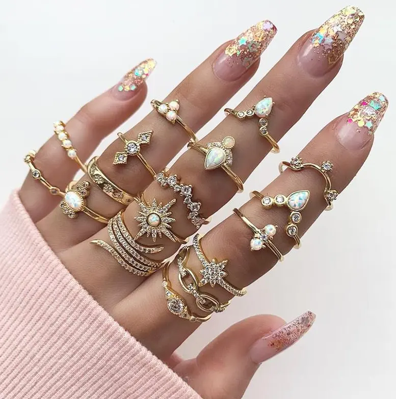 Boho Vintage Gold Star Knuckle Rings For Women BOHO Crystal Star Crescent Geometric Female Finger Rings Set Jewelry 2021