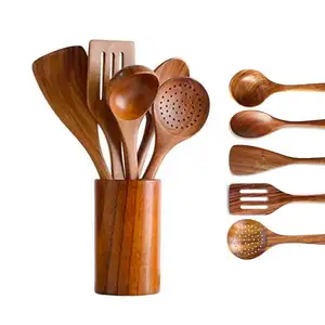 High quality Natural Teak Acacia Kitchen Accessories Cooking Tools Wooden Kitchen Utensils Cookware Wood Utensil Set for Home
