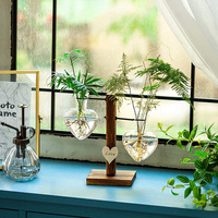 Vases hydroponiques en verre avec support en bois rétro créatif Propagation des plantes modernes Jardinière de bureau Maison Jardin Forme cylindrique