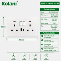 Prise murale double Kolani UK 2 gang avec interrupteur, 13A, 3 broches, avec charge rapide USB A+C 20W et indicateur néon