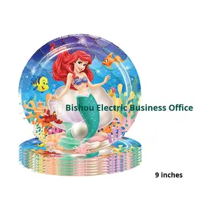 使い捨て室内プリンセス人魚パーティー装飾食器セット 子供の誕生日用 テーブルクロスとペーパータオル付き - Product Image 4