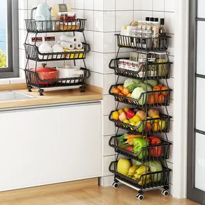 Cesta apilable de metal con rueda para almacenaje de frutas y verduras, nuevo diseño, color negro