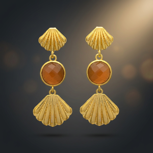 Pendientes de Diseño de Concha Marina con Gemas de Jaipur Chapados en Oro, con Gema Monalisa Marrón, para Mujeres y Niñas, Ideales para Fiestas - Product Image 2