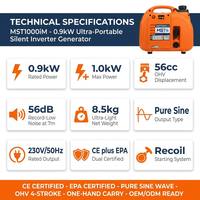 Generador Inverter Silencioso de 0.9kW y 4 Tiempos, 56cc OHV, Solo 8.5kg, 56dB, Onda Sinusoidal Pura, CE EPA, Arranque por Retroceso, 230V, Portátil para Camping y RV