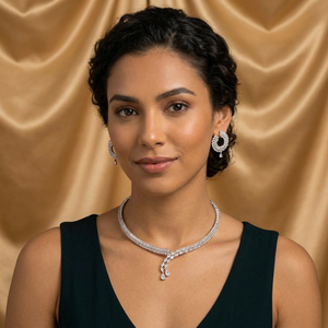 High Quality <b>Silver</b> Plated Brass <b>Choker</b> Necklace Set Elegant Cubic Zirconia Marquise Cut Bridal Jewelry Set For Women - Product Image 3