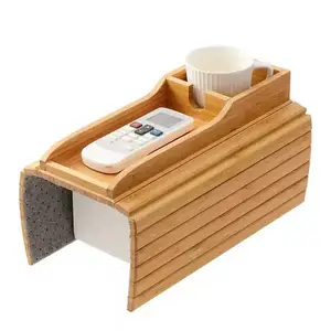 Sofá de madeira dobrável portátil, suporte de braço, mesa de bambu, suporte de copo com bandeja de armazenamento, ideal para organização confortável