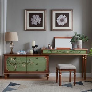 Retro <b>Dressing</b> <b>Table</b> With Mirror And Stool Green Painted Wood Makeup <b>Vanity</b> Desk Combination For Bedroom Adult Use - Product Image 3