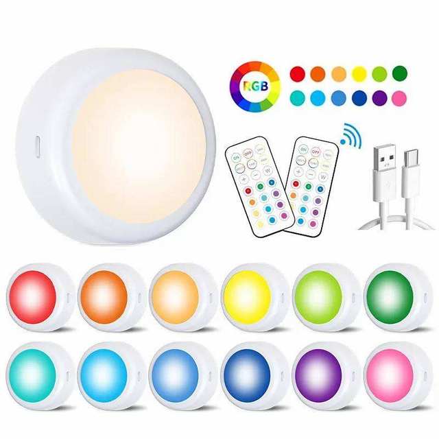 4+1 Wireless Color Changing LED Puck Light 4 Pack With Remote Control Puck Lights Mini Spotlight Cabinet Surface Slim Led Light