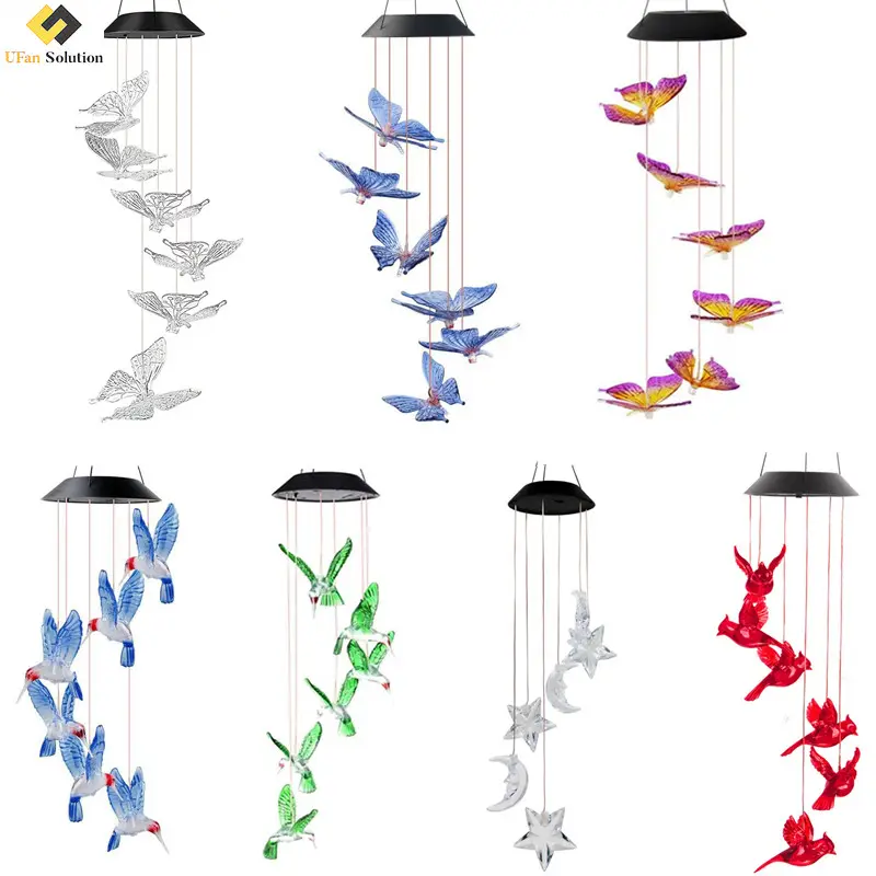 Lonceng angin tenaga surya berubah warna, LED burung kolibri dekorasi hadiah seluler untuk ibu tahan air lampu luar ruangan untuk taman,