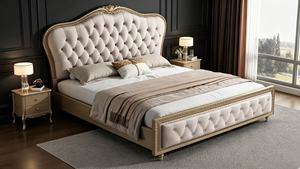 European King Size Tufted Upholstered <b>Bed</b> With Faux Leather And Gold Trim <b>Frame</b> - Product Image 4