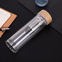 Botol Minum Teh Kaca Borosilikat Tinggi Dinding Ganda dengan Infuser dan Tutup Bambu