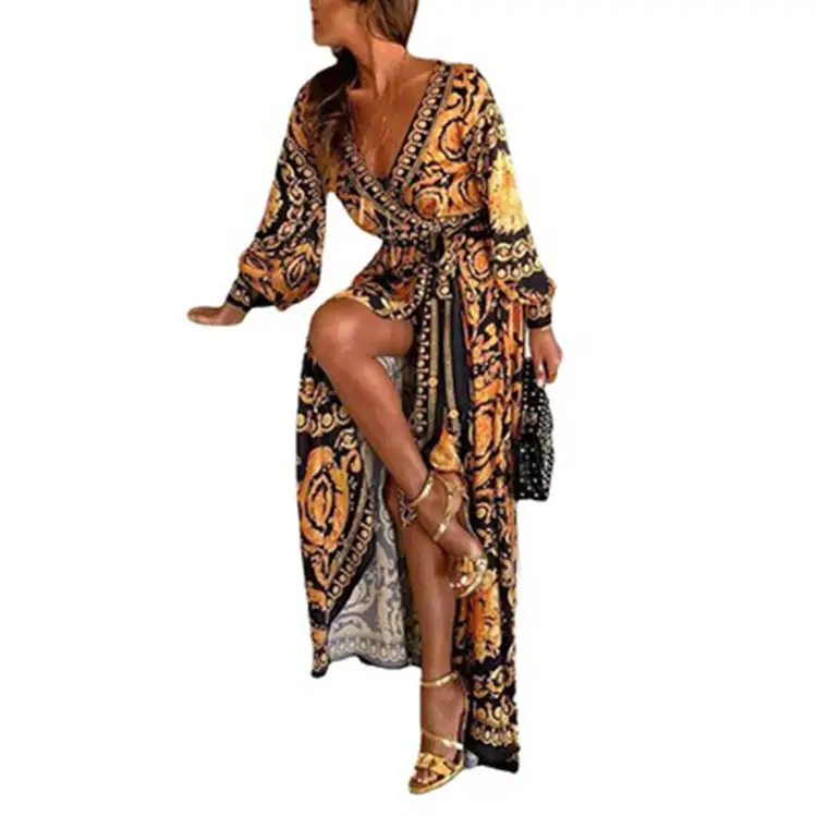 Long Geometric pattern Print Long Loose Fit Kimonos Women Boho Robes Oversize Sashes Maxi boho dress women