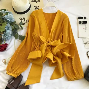 Primavera y otoño de las mujeres con cuello en V Puff blusa de mangas Slim Tops Retro Vintage jerseys Busos párr Mujer Kimonos