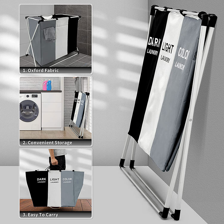 Оптовая продажа, корзина для белья черно-белая, 3 секции, выдвижные современные водонепроницаемые складные отсеки, корзина для белья для ванной комнаты