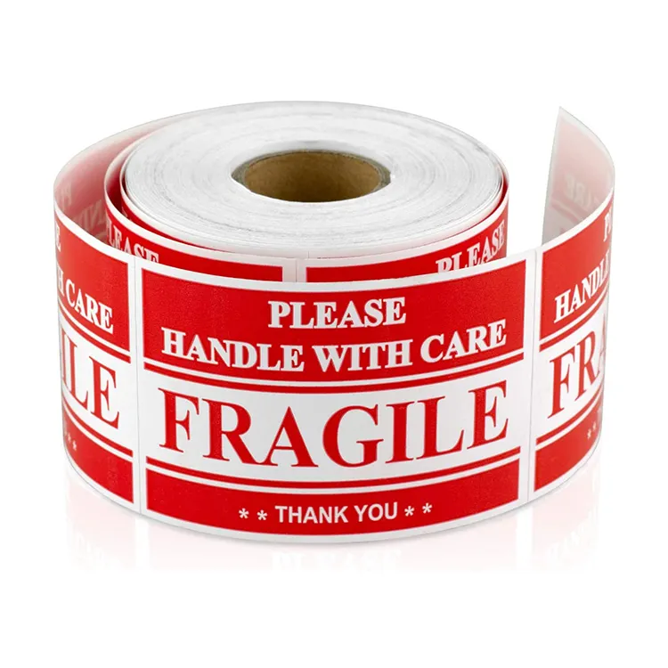 Stampa personalizzata rotolo di carta adesiva etichette in cartone Fragile manico in vetro con adesivi di avvertenza