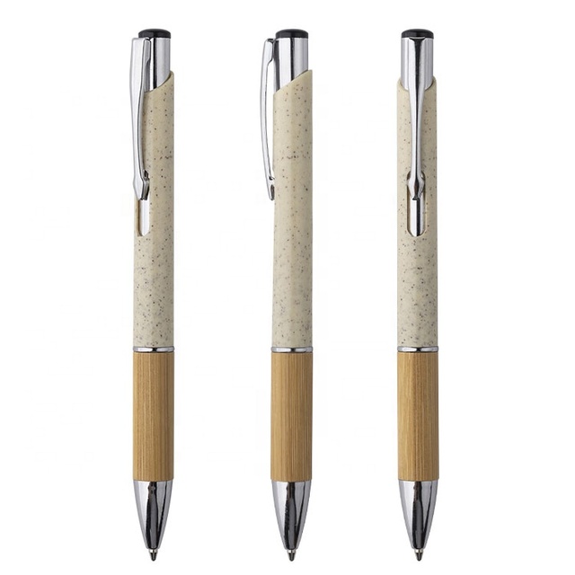 2023 New Design ECO-Friednly Wheat Straw and Bamboo Barrel With StylusTips Retractable Ballpoint Pen for Logo