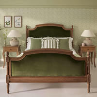 Lit en bois sculpté à la main américain. Lit King Size avec Tête de Lit en Velours Doux et Dossier Souple, Mobilier de Chambre d'Hôtel