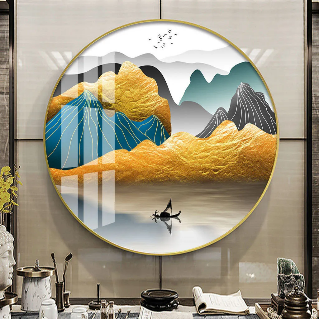 Luxury Aluminum mountain and water Round frame abstract landscape Crystal Porcelain Painting Wall Art Painting