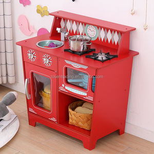 Cuisine en bois rouge pour tout-petits avec four, brûleur, évier et robinet pour jeux d'imitation pour enfants - Product Image 2