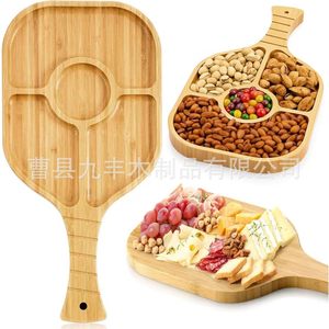 Plateau de service en bois Jiufeng en forme de raquette avec poignée, multi-compartiments pour snacks, fruits, noix, fromages, charcuterie - Product Image 1