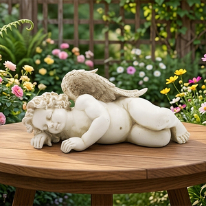 Statua di Cherubino Dormiente in Resina con Finitura Anticata, Grande Figurina d'Angelo per Giardino o Regalo Commemorativo - Product Image 1