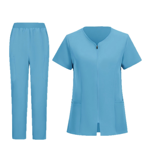 Blouses médicales pour femmes, couleur unie, col en V, manches courtes, polyester, uniformes d'hôpital pour le travail médical avec fermeture éclair avant et poches - Product Image 3