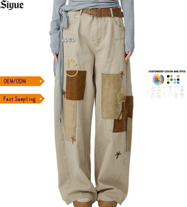 Pantalon cargo ample et large pour femme, style streetwear, multi-poches, patchwork vintage avec broderie florale, vente en gros sur mesure - Product Image 1