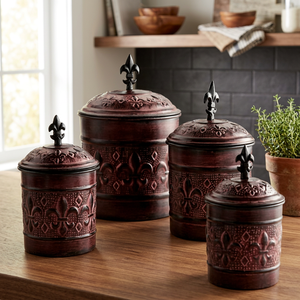 Classic Metal Spice Containers Set With Fleur De Lis Design Round Shape With Lid Storage <b>Bins</b> For <b>Kitchen</b> Use - Product Image 6