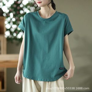 Women's Round Neck Short Sleeve Solid Color T-Shirt Military Green Casual Jersey Fabric - Product Image 4