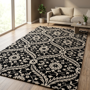 Tapis floral noir et blanc, tapis d'intérieur à motif traditionnel pour salon, chambre à coucher, décoration de la maison - Product Image 5