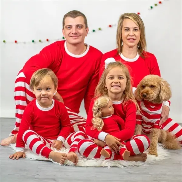 Cotton Family Matching Outfit Clothes Christmas Pajamas Parent-child Full Sleeve Red White Green Stripe Family Christmas Pajamas