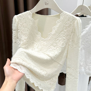 Sweter Kerah V Berenda Wanita Atasan Rajut Slim Fit Lengan Panjang Pullover Lembut Kemeja Berlapis Musim Gugur Musim Dingin untuk Kencan Malam - Product Image 2