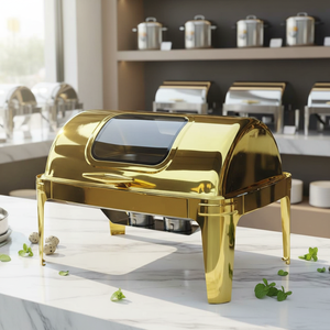 Calentador de Comida Comercial Premium de Acero Inoxidable de 9L con Tapa Enrollable Dorada y Ventana Visible, Juego de Buffet <span class=keywords><strong>para</strong></span> Banquetes de Boda - Product Image 5