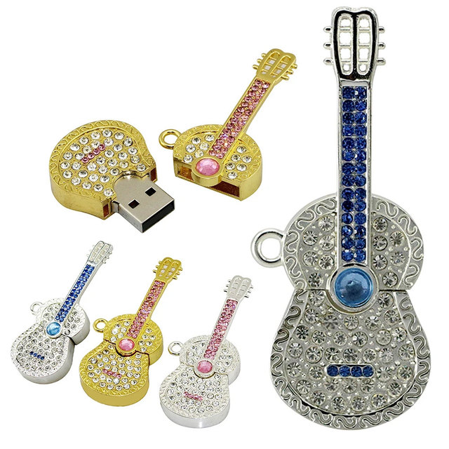 Metal Crystal Guitar USB Flash Drive 2.0 1GB 2GB 4GB Diamond Violin Pen Drive 3.0 8GB 16GB 32GB 64GB Memory Stick for Gift