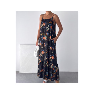 Women's Black Floral Strappy Viscose Maxi Dress With Side Pockets Casual <b>Long</b> Dress - Product Image 5